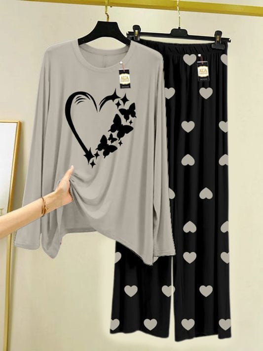 Starry Heart & Butterfly Night Suit - Grey & Black