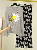 Daisy & Butterfly Print Pajama Set - Grey & Black