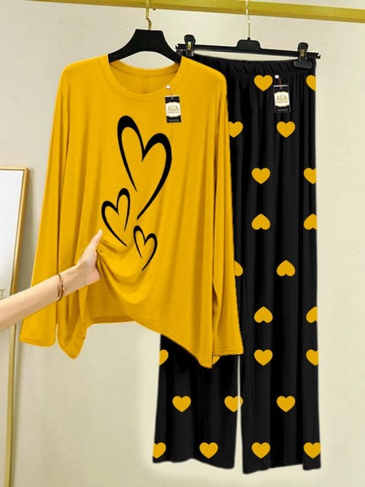Triple Heart Graphic Loungewear Set - Yellow & Black
