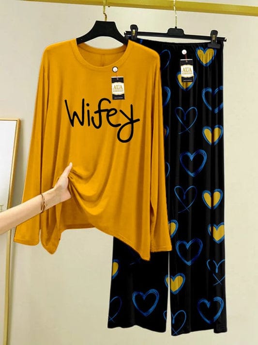 Wifey" Script Night Suit with Blue Hearts - Yellow & Black
