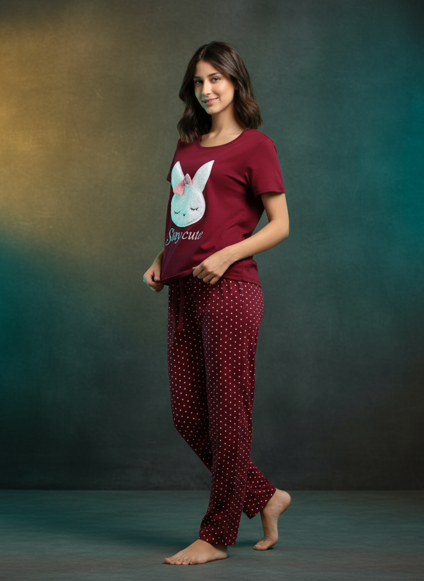 Women's "Slay Cute" Bunny Graphic & Polka Dot Pajama Set