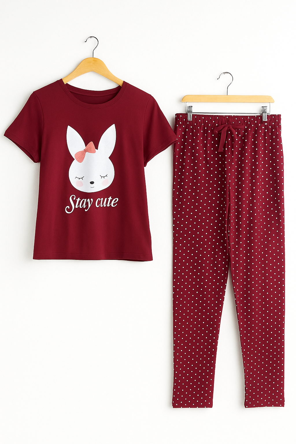 Women's "Slay Cute" Bunny Graphic & Polka Dot Pajama Set