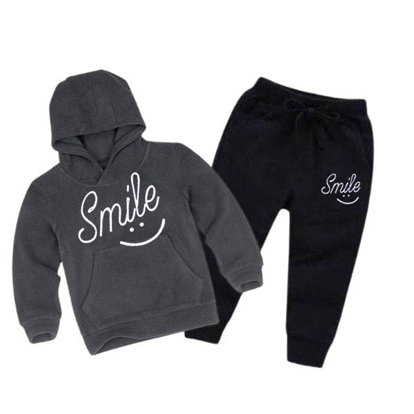 Kids "Smile" Graphic Pajama Set - Unisex Fleece Hoodie & Pants (Dark Grey)