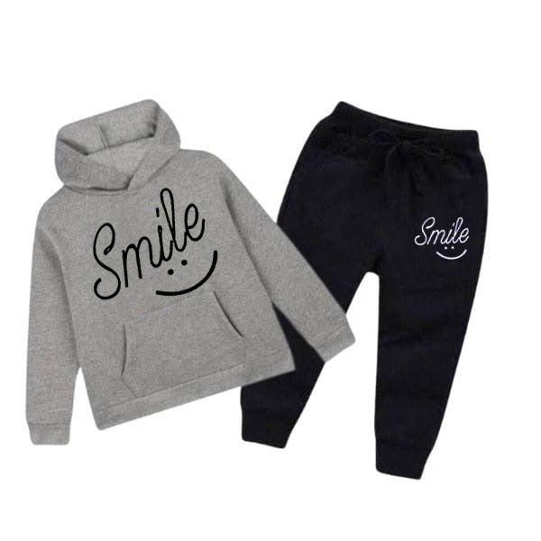 Kids "Smile" Graphic Pajama Set - Unisex Fleece Hoodie & Pants (Dark Grey)