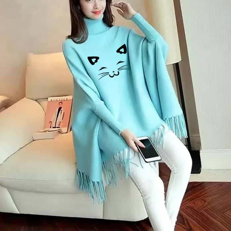 Cat Face Printed Poncho For Women