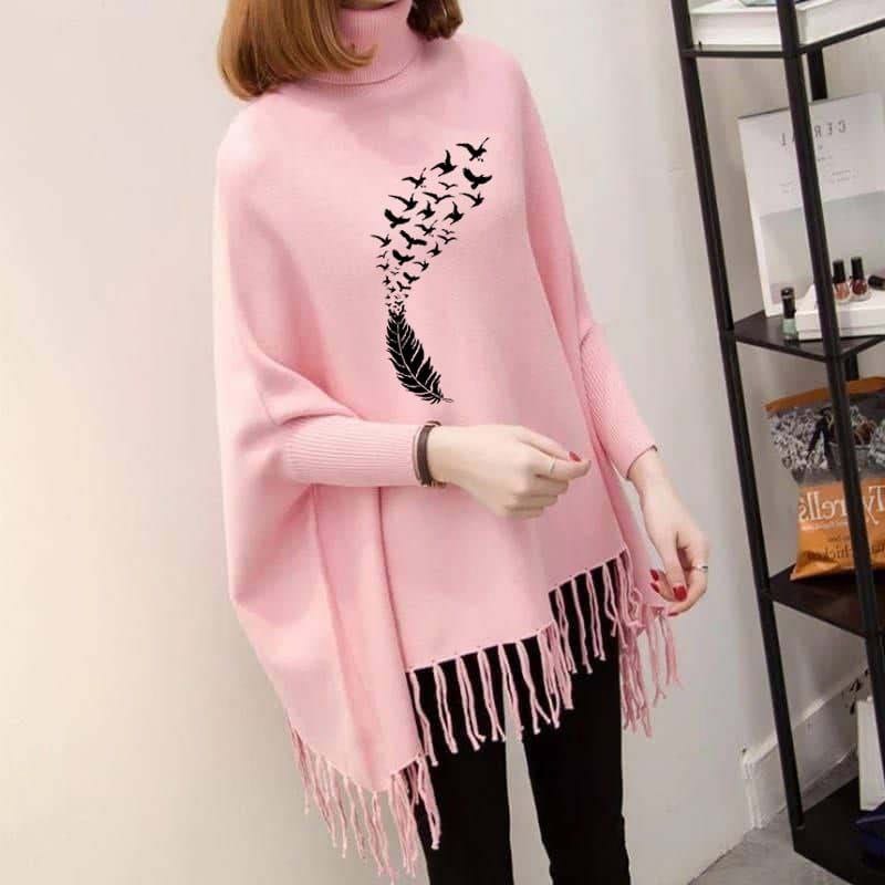 Feather & Birds Printed Poncho For Women