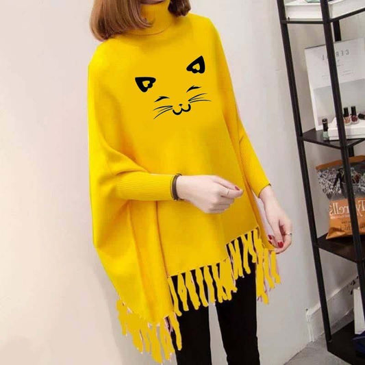 Cat Face Printed Poncho For Women