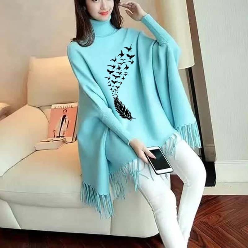 Feather & Birds Printed Poncho For Women