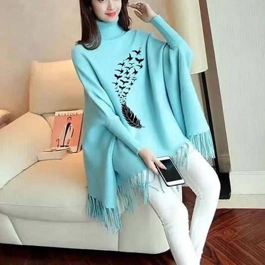 Feather & Birds Printed Poncho For Women