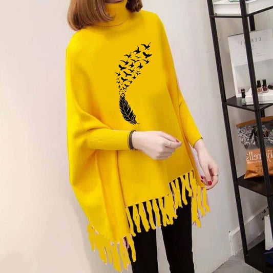 Feather & Birds Printed Poncho For Women