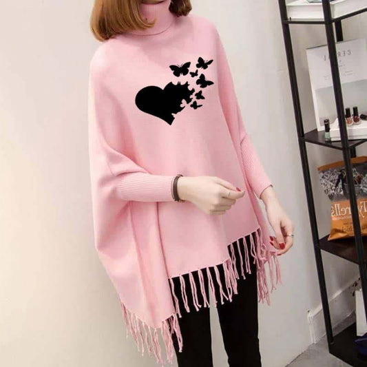 Flying Butterfly Heart Printed Poncho For Women