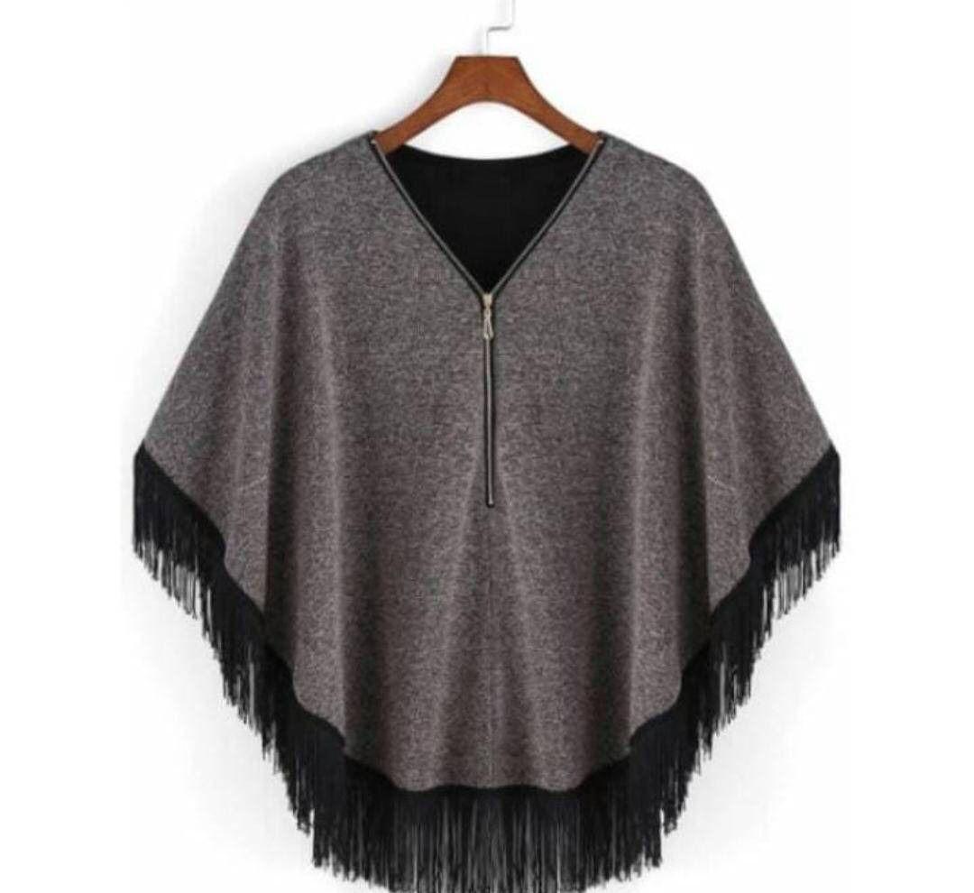 Stylish Women's Fringe Trim Poncho Cape with Half-Zip - Winter Shawl