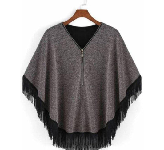 Stylish Women's Fringe Trim Poncho Cape with Half-Zip - Winter Shawl